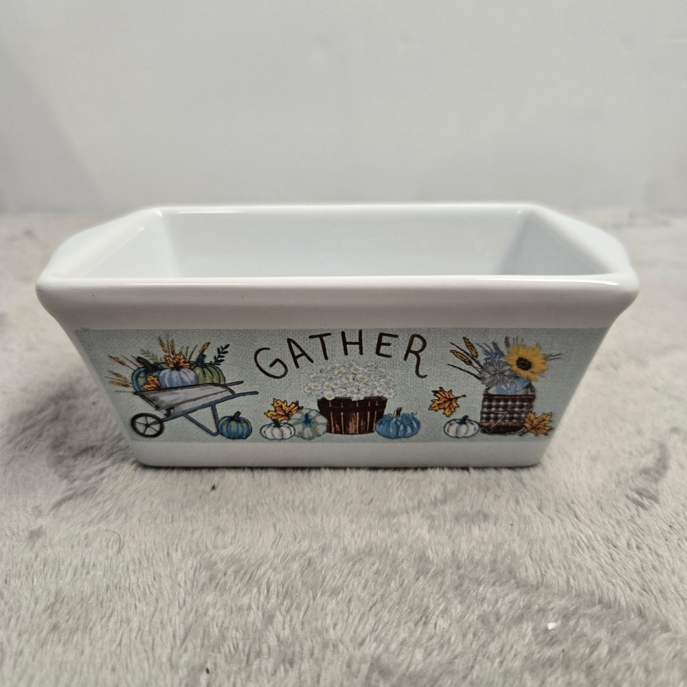 Royal Norfolk Harvest Mini Loaf Pan White Ceramic Gather Pumpkin Sunflower 5in